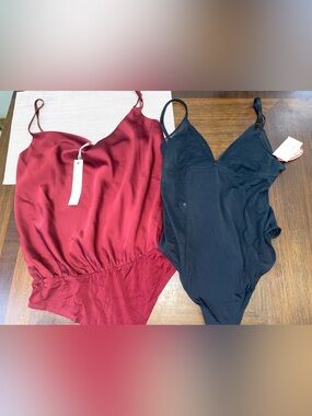 Womens Bodysuit Bundle Medium NWT Burgundy Satin Black Spaghetti Strap Going
